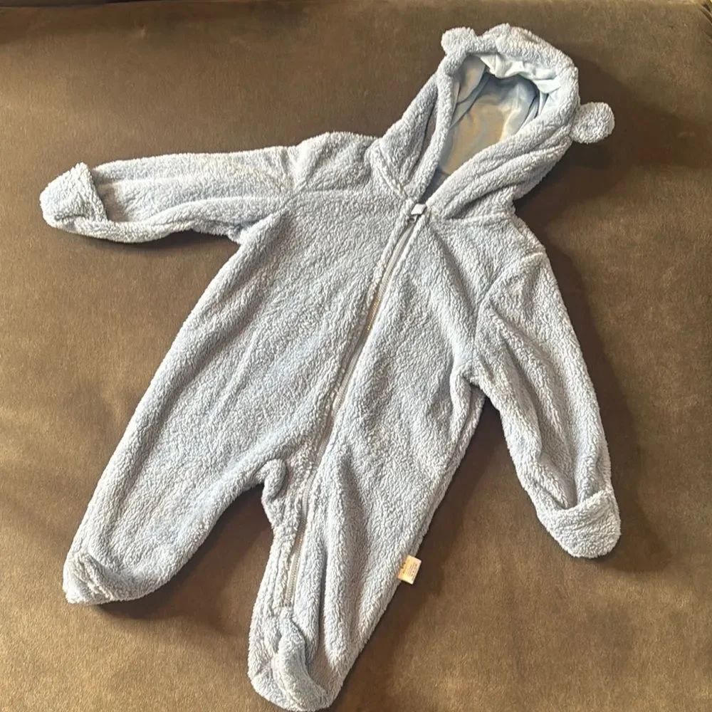 Infant Blue Fleece Baby Onesie Zip Up Hooded Romper Bear Ears 12 Months NWOT